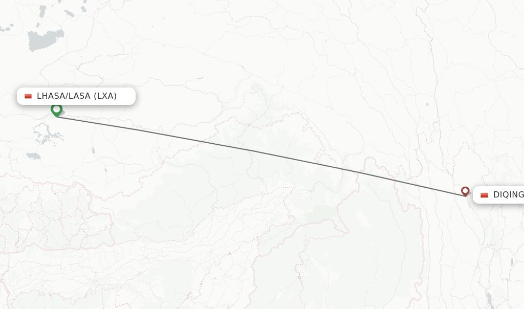 Flights from Lhasa/Lasa to Diqing route map