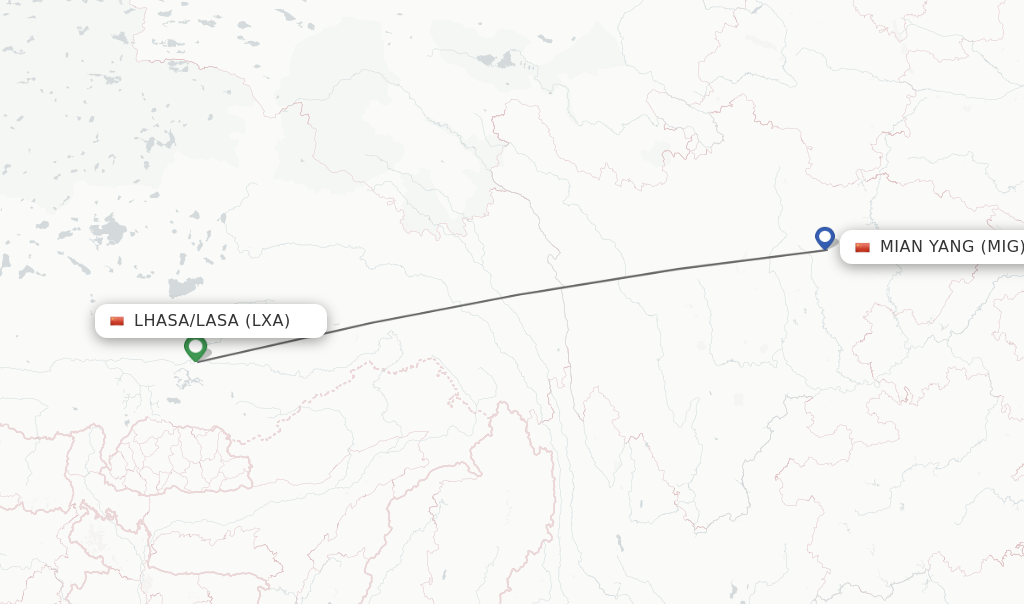 Flights from Lhasa/Lasa to Mian Yang route map