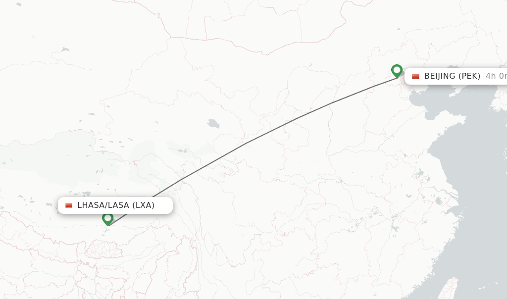 Flights from Lhasa/Lasa to Beijing route map