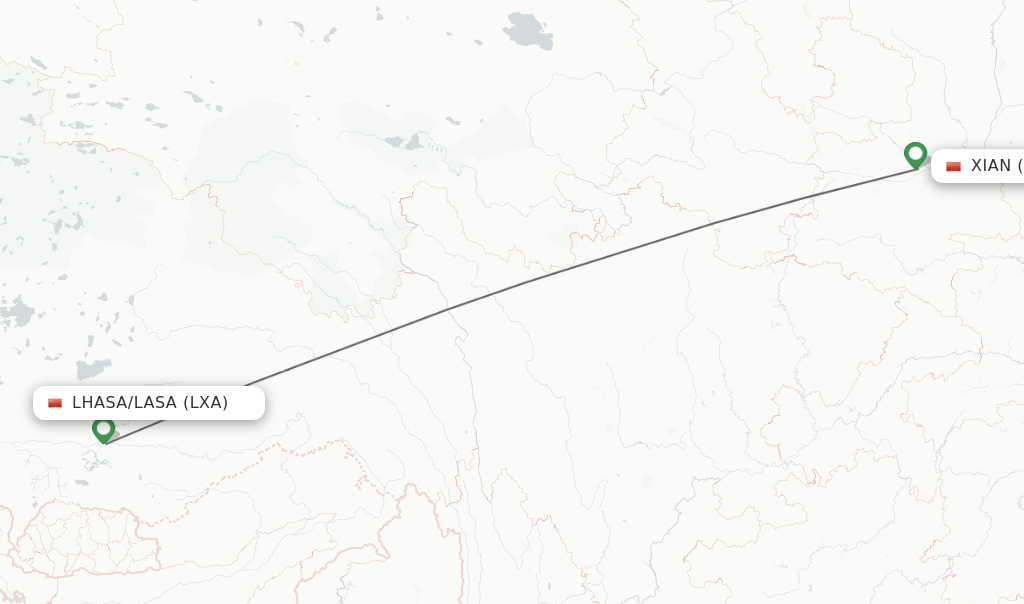 Flights from Lhasa/Lasa to Xian route map
