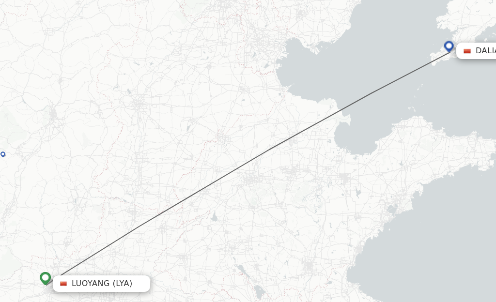 Flights from Luoyang to Dalian route map