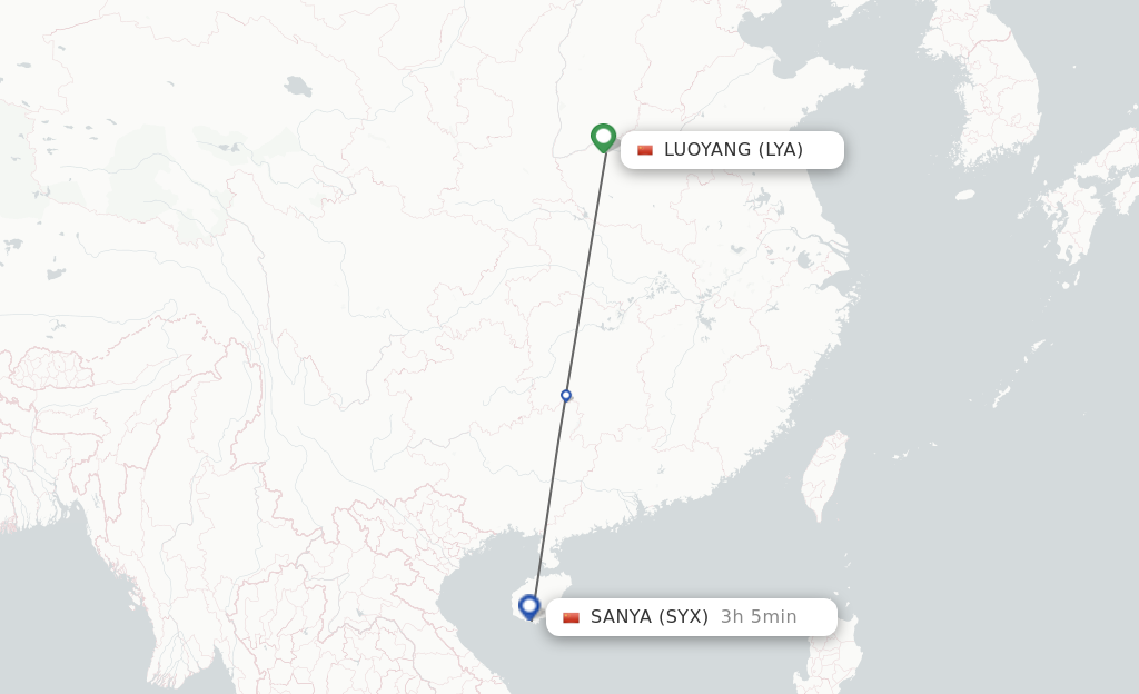 Flights from Luoyang to Sanya route map