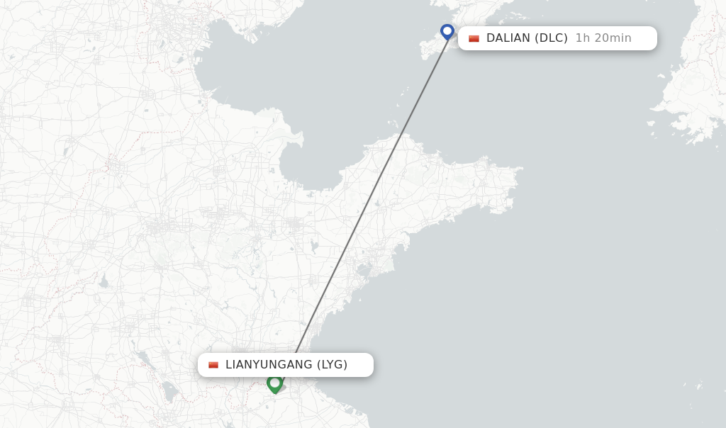 Flights from Lianyungang to Dalian route map