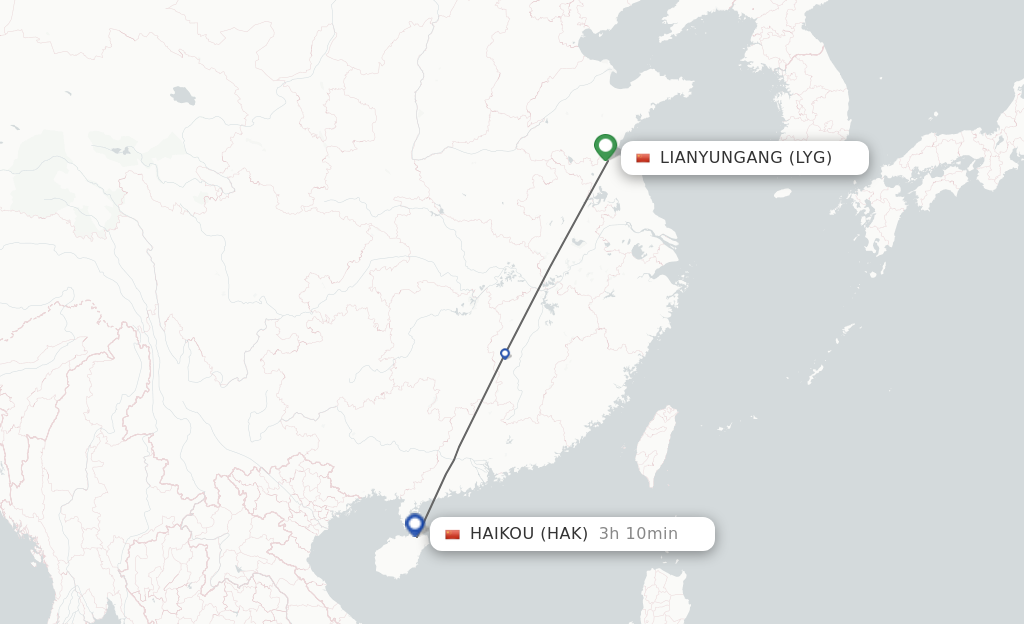 Flights from Lianyungang to Haikou route map