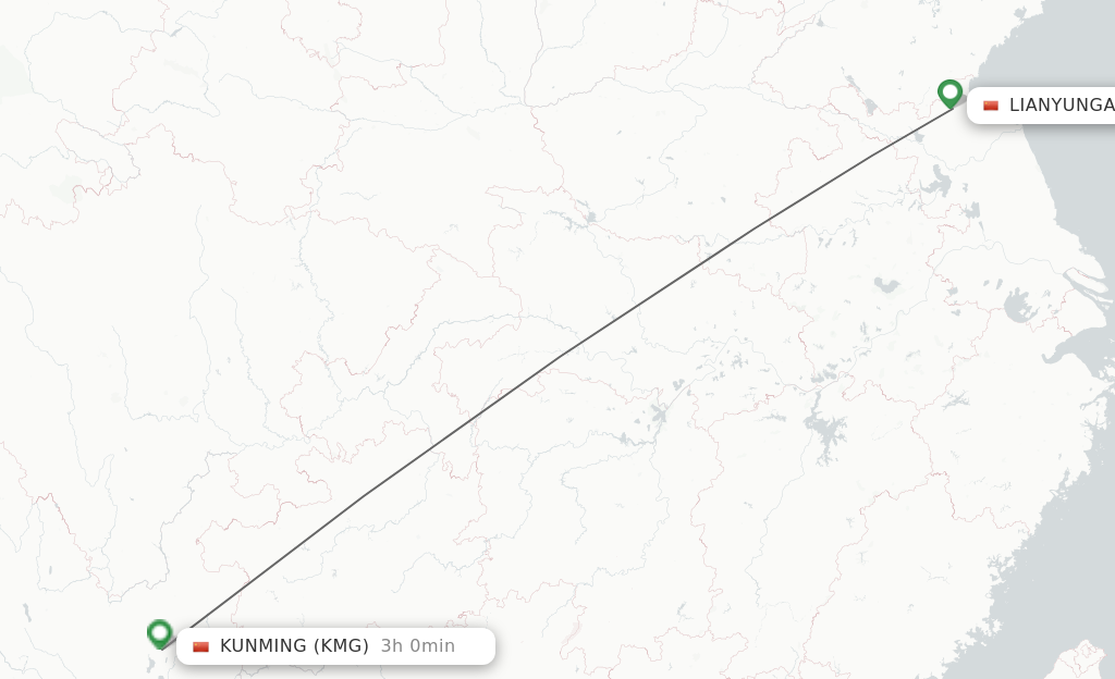 Flights from Lianyungang to Kunming route map