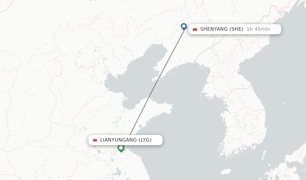Flights from Lianyungang to Shenyang route map