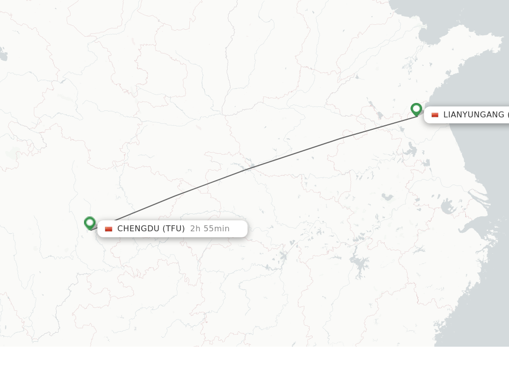 Flights from Lianyungang to Chengdu route map