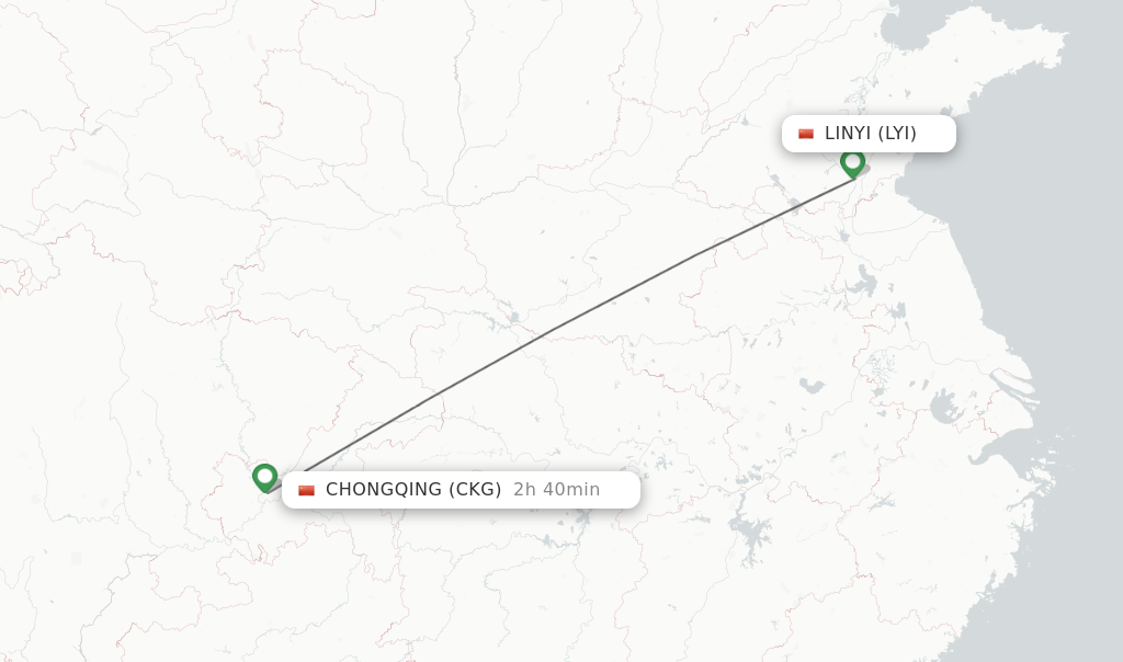 Flights from Linyi to Chongqing route map