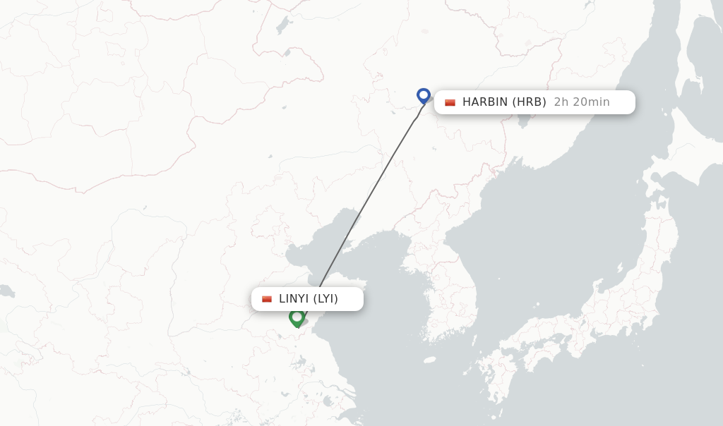 Flights from Linyi to Harbin route map
