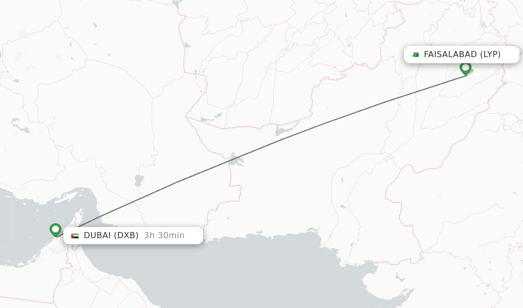 Flights from Faisalabad to Dubai route map