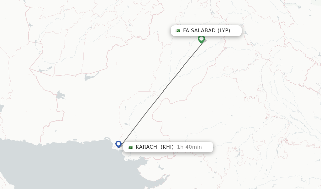 Flights from Faisalabad to Karachi route map