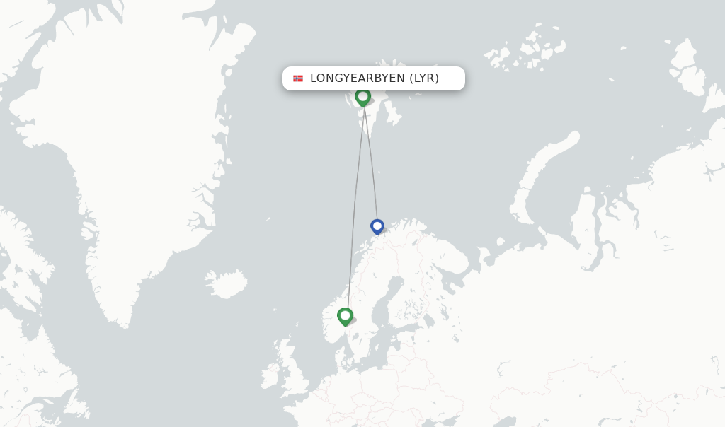 Route map with flights from Longyearbyen with Norwegian