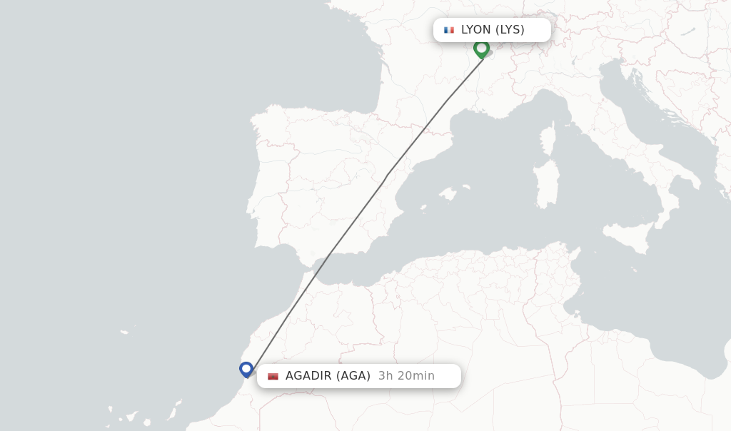 Flights from Lyon to Agadir route map