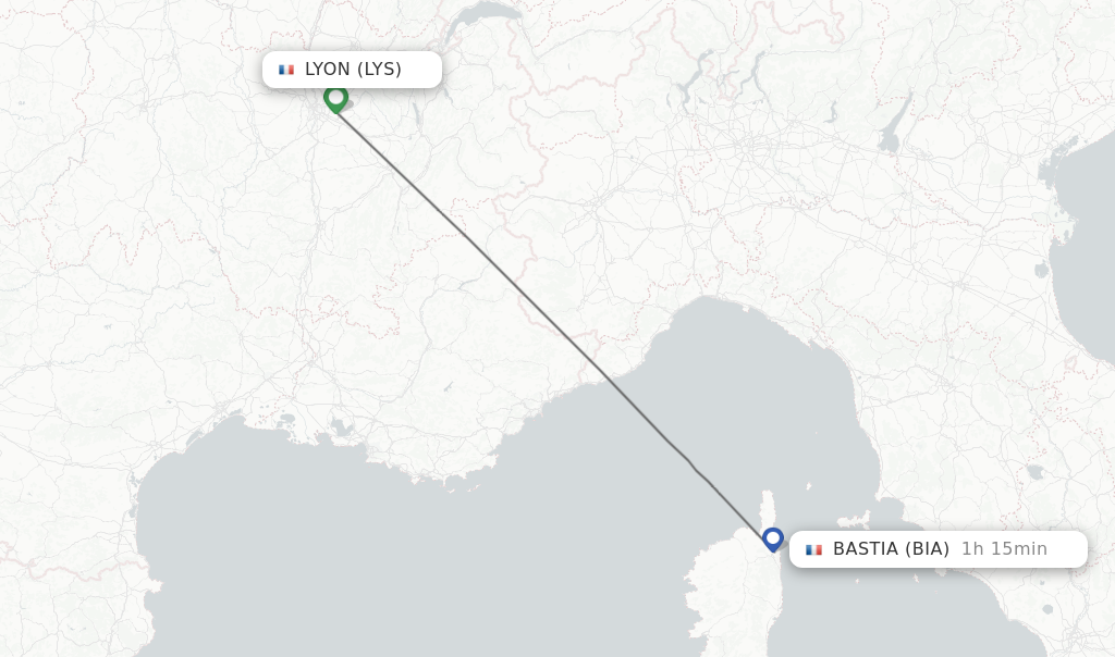 Flights from Lyon to Bastia route map