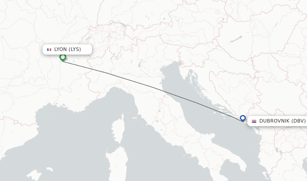 Flights from Lyon to Dubrovnik route map