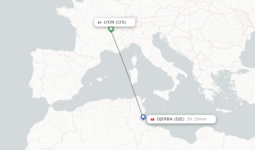 Flights from Lyon to Djerba route map