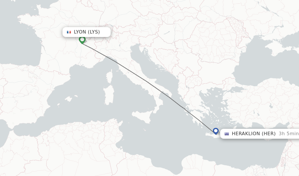 Flights from Lyon to Heraklion route map