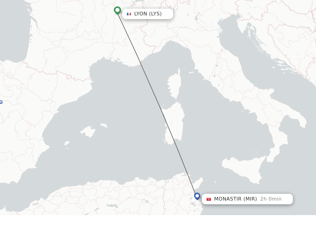 Flights from Lyon to Monastir route map
