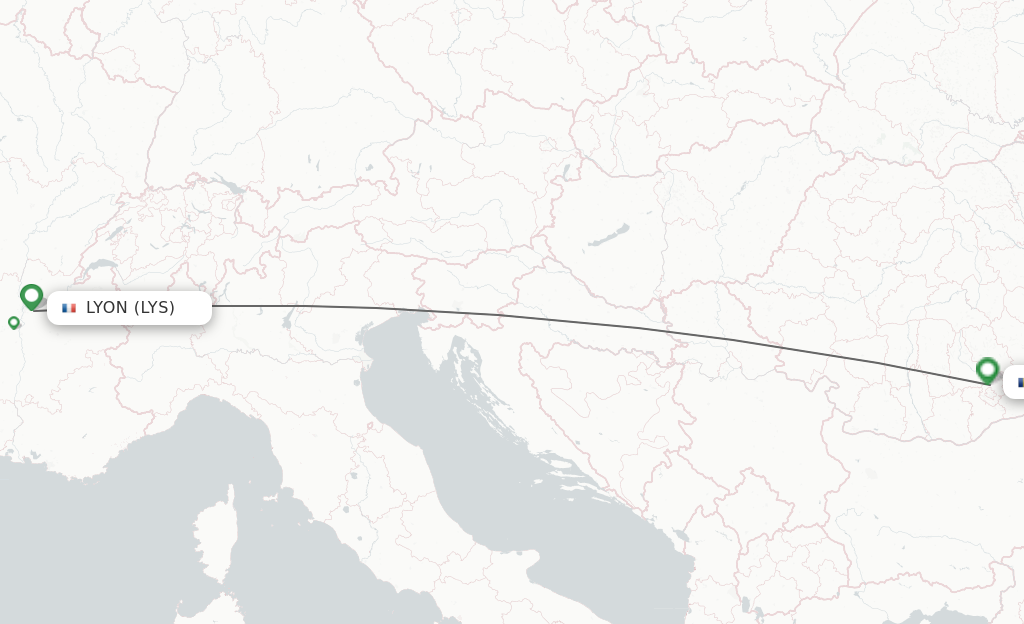Flights from Lyon to Bucharest route map