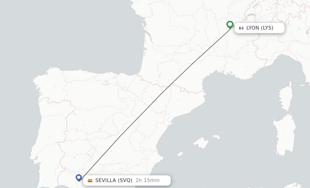 Flights from Lyon to Sevilla route map