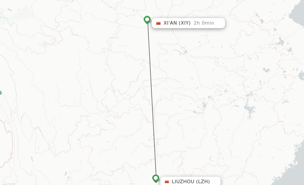 Flights from Liuzhou to Xian route map
