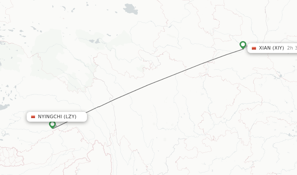 Flights from Nyingchi to Xian route map
