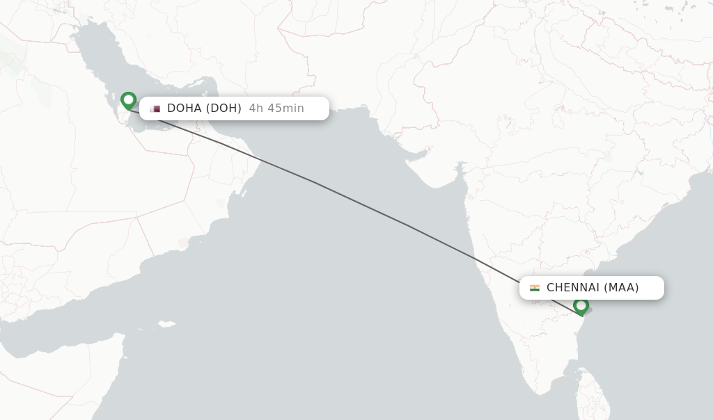 Flights from Chennai to Doha route map