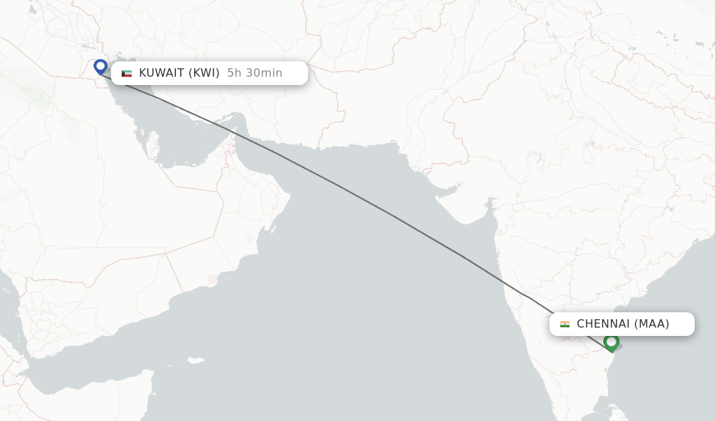 Flights from Chennai to Kuwait route map