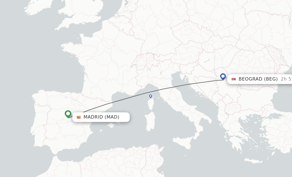 Flights from Madrid to Belgrade route map