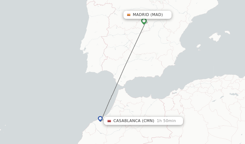 Flights from Madrid to Casablanca route map