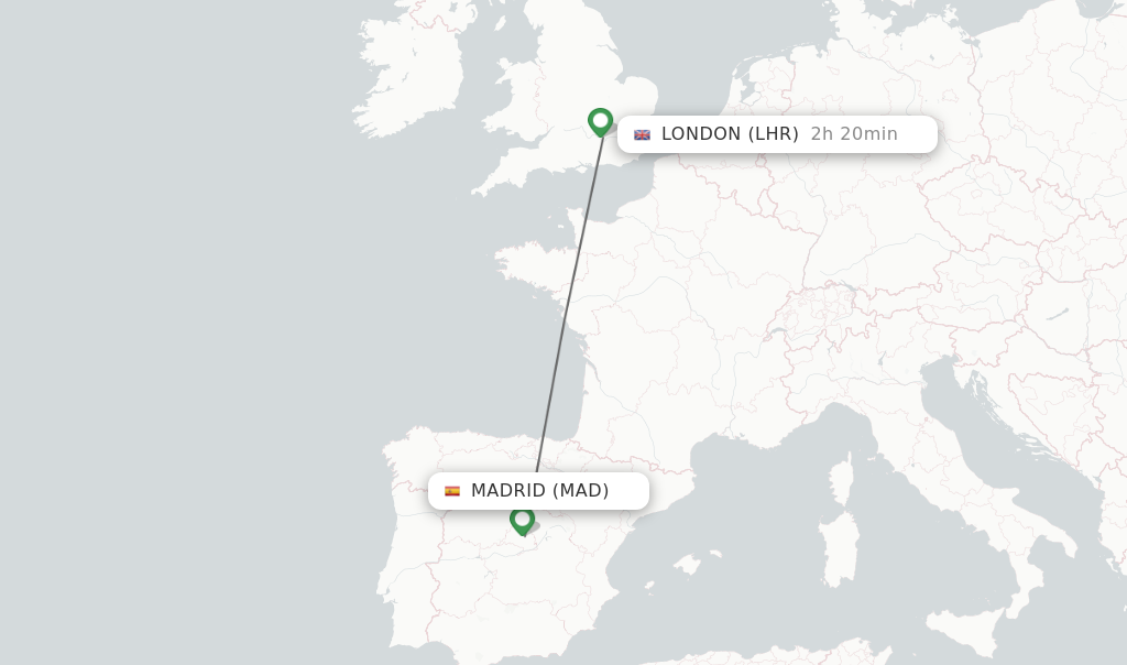 Flights from Madrid to London route map