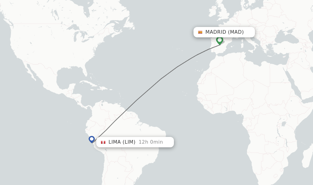 Flights from Madrid to Lima route map