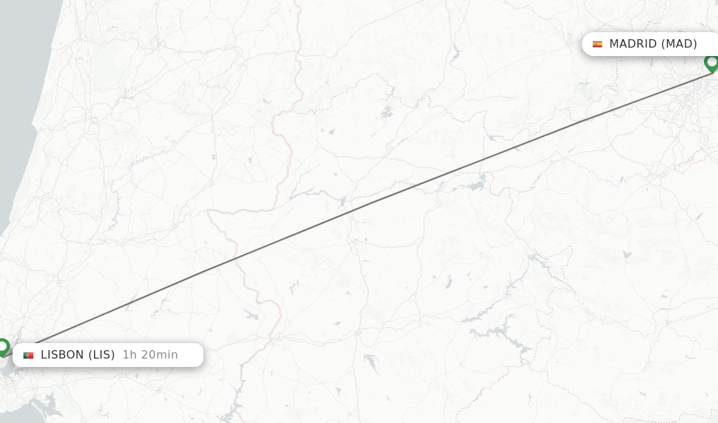 Flights from Madrid to Lisbon route map