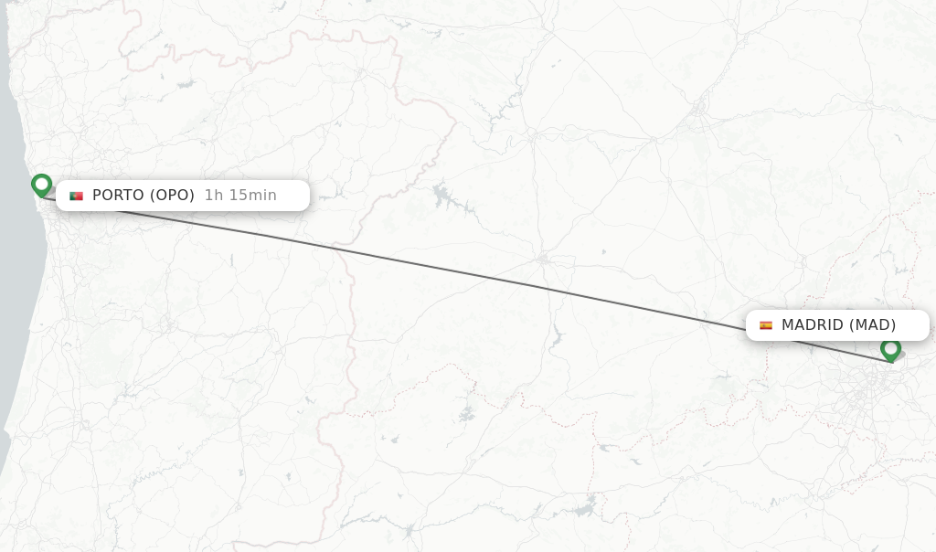 Flights from Madrid to Porto route map