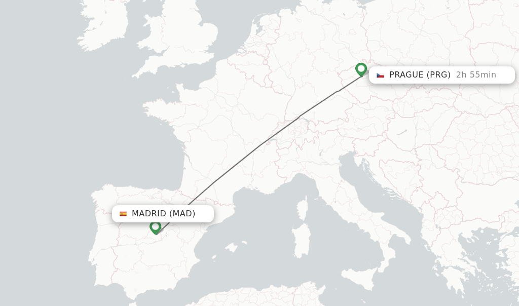 Flights from Madrid to Prague route map