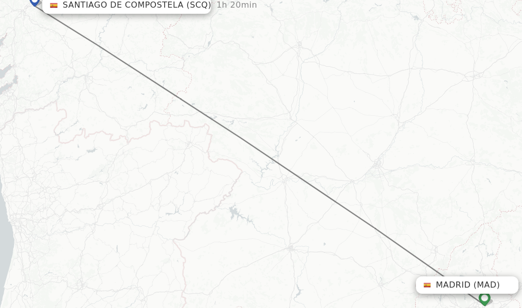 Flights from Madrid to Santiago De Compostela route map