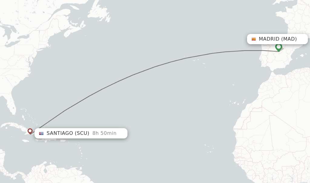 Flights from Madrid to Santiago route map