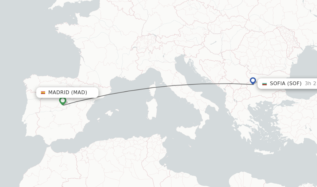 Flights from Madrid to Sofia route map