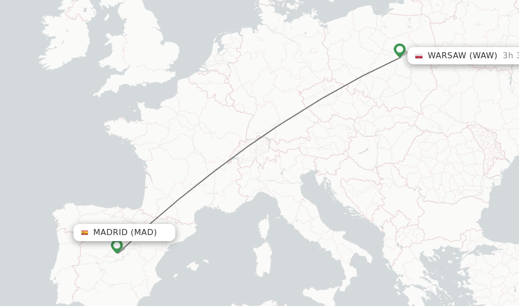 Flights from Madrid to Warsaw route map
