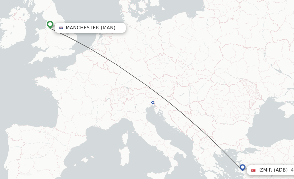 Flights from Manchester to Izmir route map