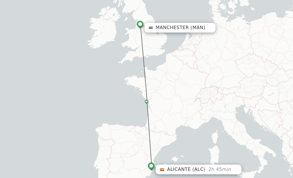 Flights from Manchester to Alicante route map