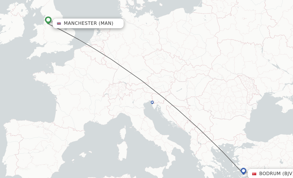 Flights from Manchester to Bodrum route map