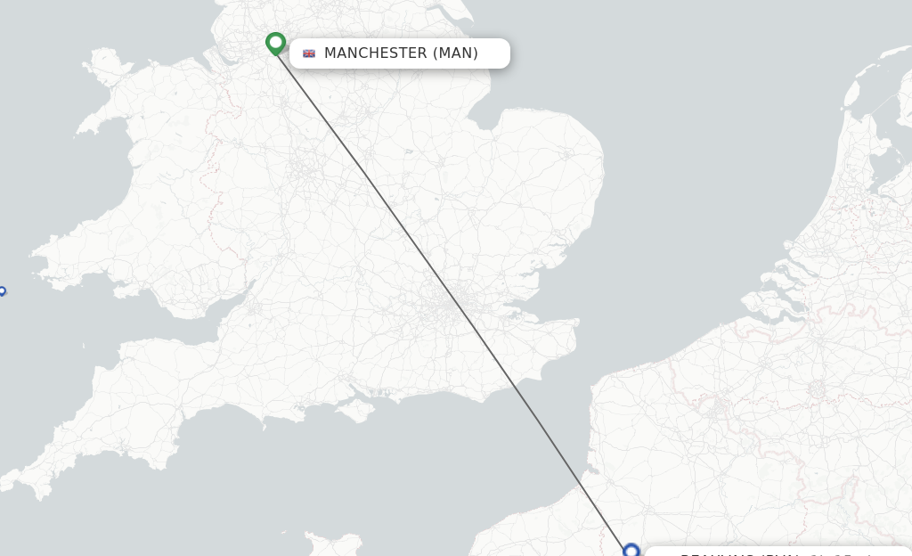 Flights from Manchester to Paris route map