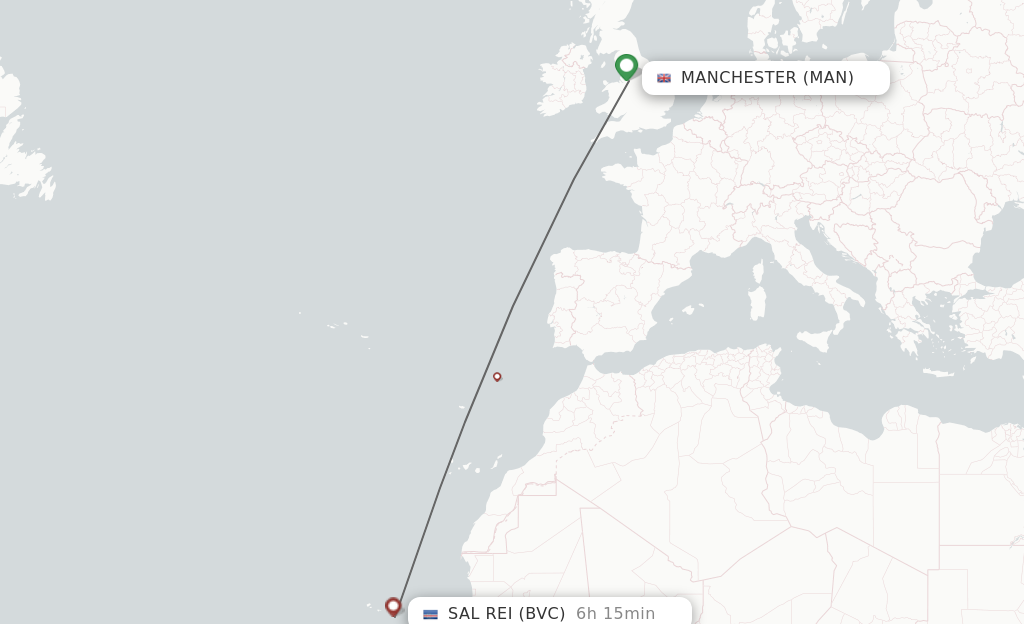 Flights from Manchester to Boa Vista route map