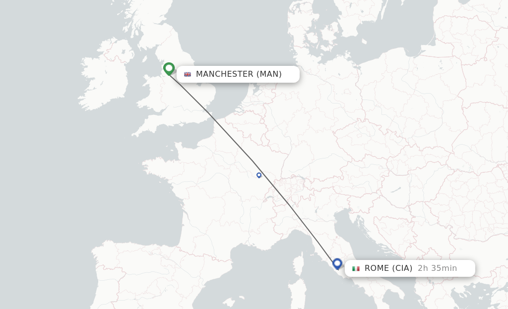 Flights from Manchester to Rome route map