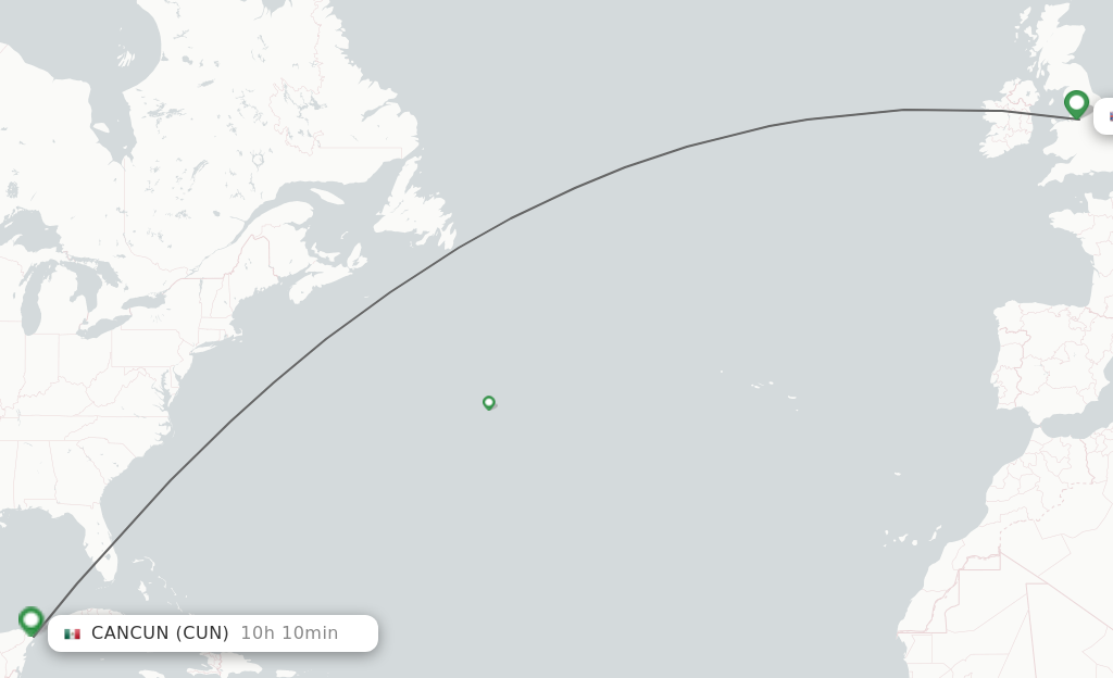 Flights from Manchester to Cancun route map