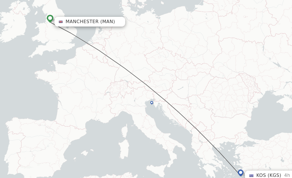 Flights from Manchester to Kos route map