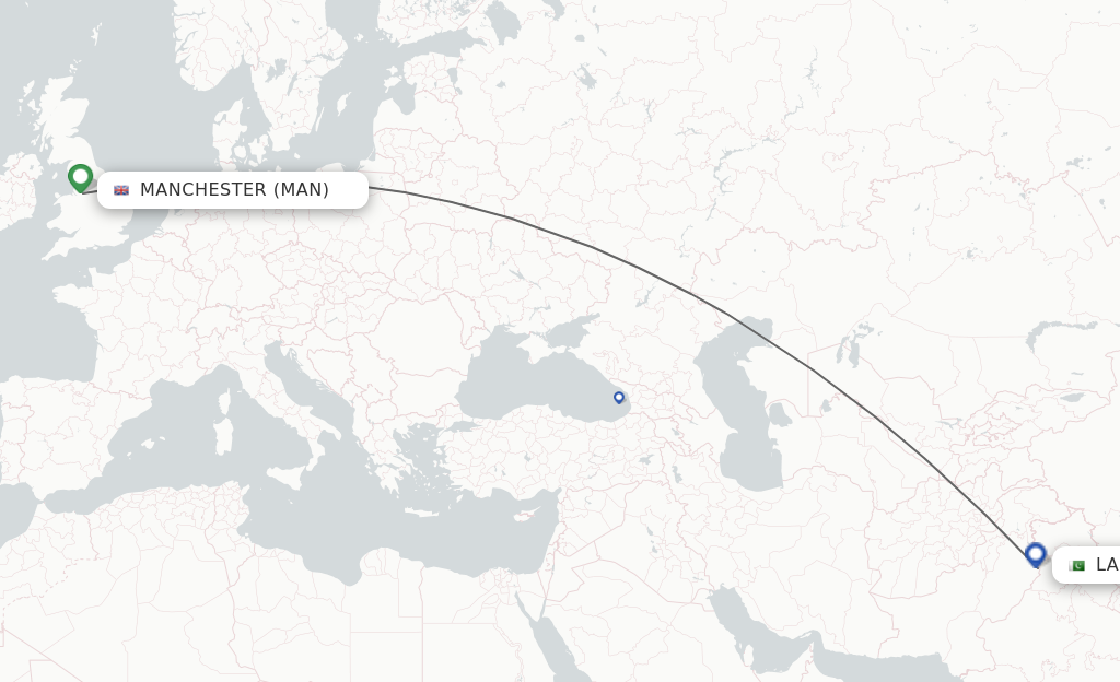 Flights from Manchester to Lahore route map