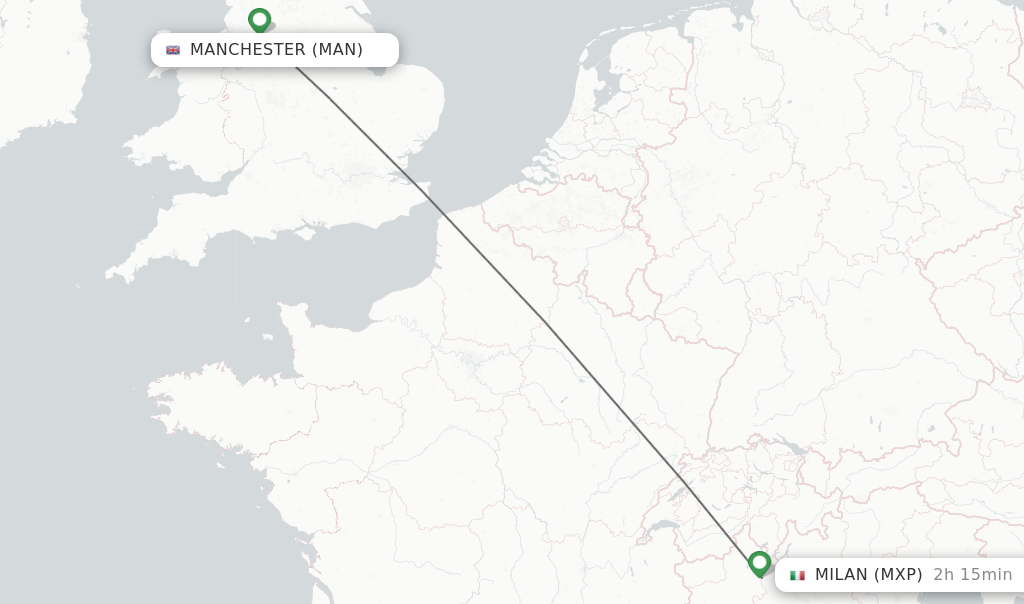 Flights from Manchester to Milan route map