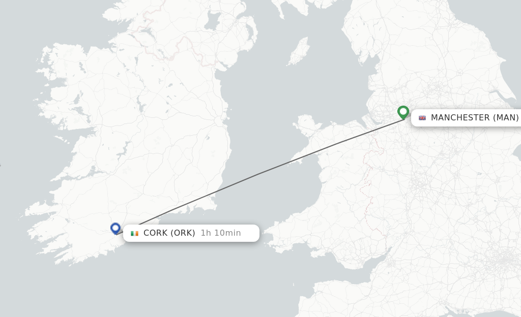 Flights from Manchester to Cork route map